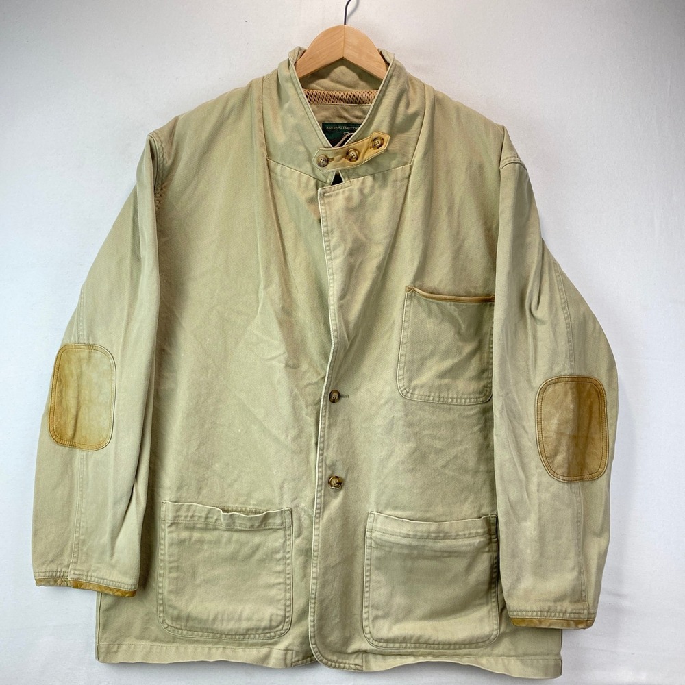 VTG Orvis Zambezi Field Jacket Mens XL Khaki Cotton Leather Patch Barn Coat